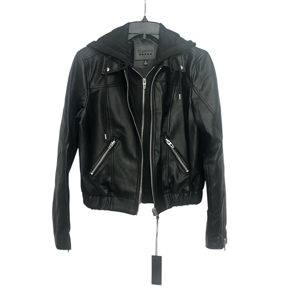 Blank NYC Faux Leather Bomber Jacket with Removable Hood Size Small Black NWT